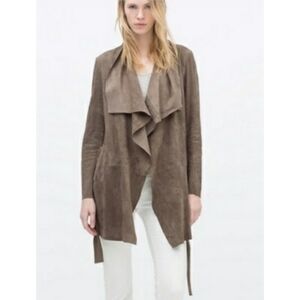 EUC Zara open-front draped and belted jacket 100% goat suede leather